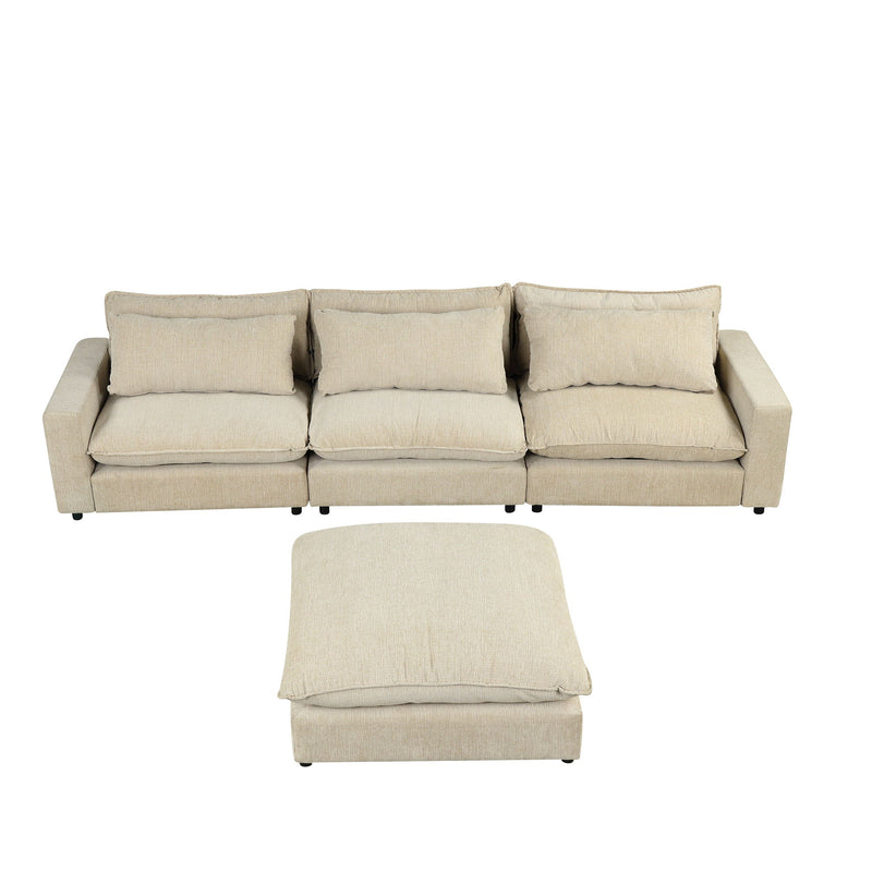 Sectional Sofa Cloud Sofa Chenille Upholstered Sofa Couch With Movable Ottoman, Comfortable Seat Cushions, Charging Ports And Three Back Pillows For Living Room