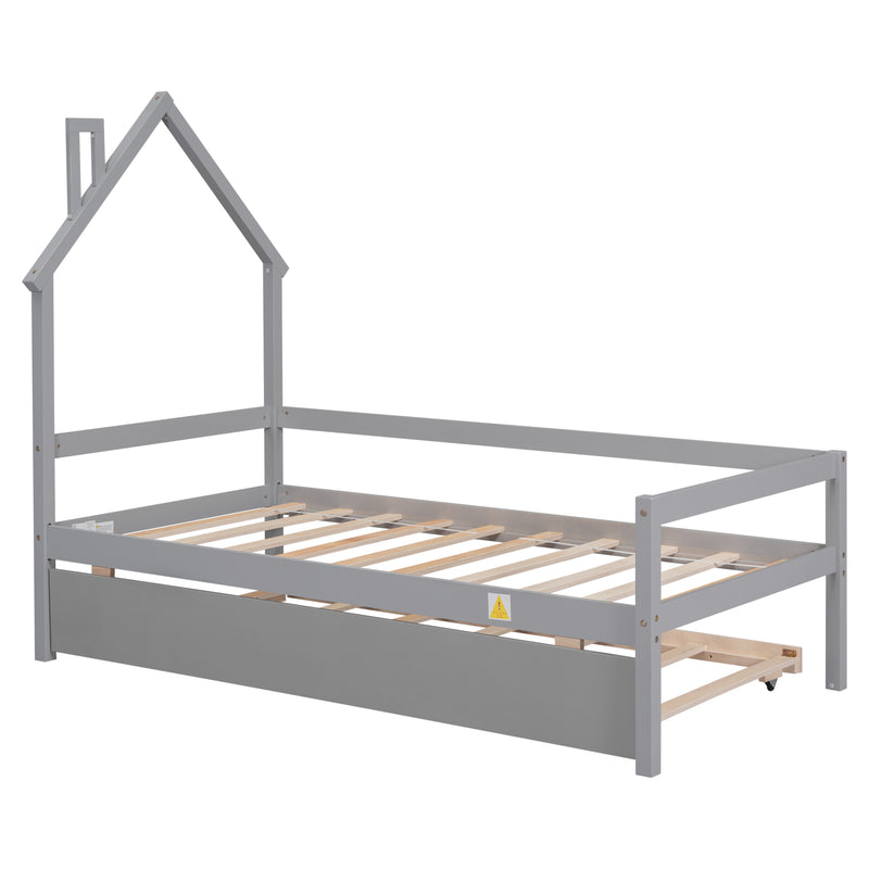 Twin House Wooden Daybed with trundle, Twin House-Shaped Headboard  bed with Guardrails,Grey