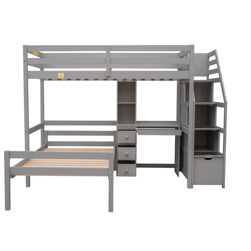 Twin Size Loft Bed with a Stand-alone Bed, Storage Staircase, Desk, Shelves and Drawers, Gray