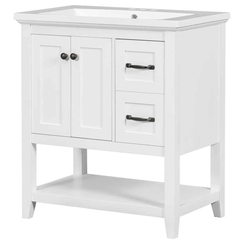 Bathroom Vanity With Ceramic Sink Top, Vanity Cabinet With Multi-Functional Drawer, Solid Wood Legs - White