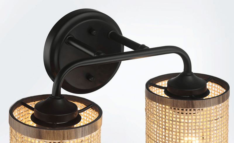 Quell - Double Light Vanity With Natural Shade Wall Lamp - Black / Rattan