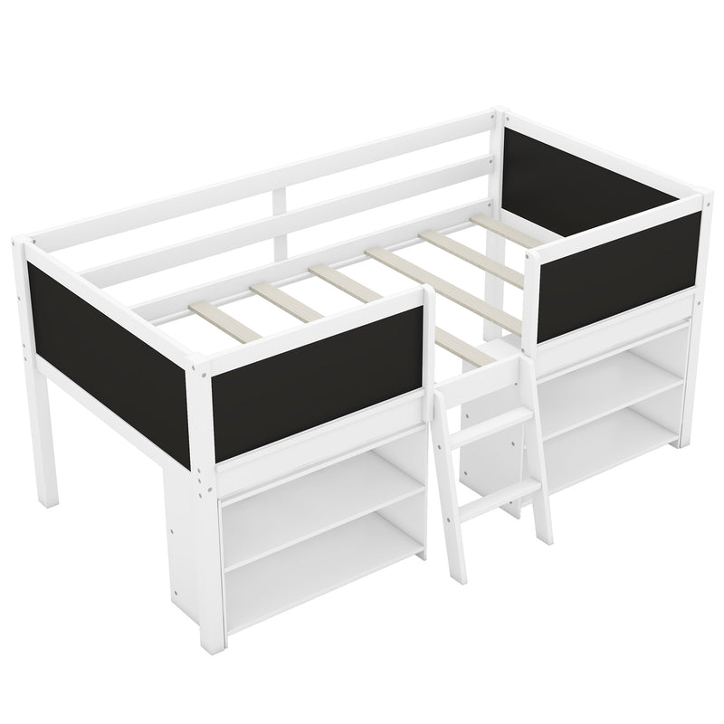 Twin Size Low Loft Bed with Two Movable Shelves and Ladder,with Decorative Guardrail Chalkboard,White(Old SKU: WF283286AAK)