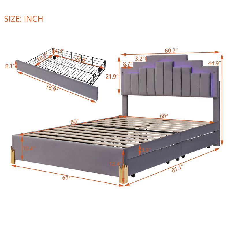 Queen Size Upholstered Platform Bed with LED Lights and 4 Drawers, Stylish Irregular Metal Bed Legs Design, Gray