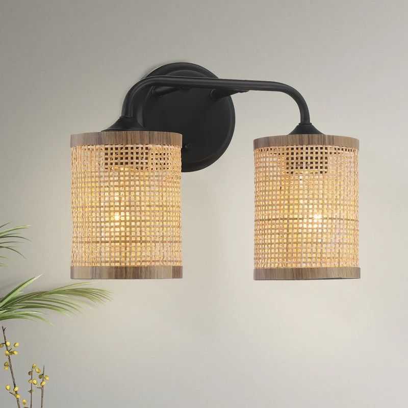 Quell - Double Light Vanity With Natural Shade Wall Lamp - Black / Rattan