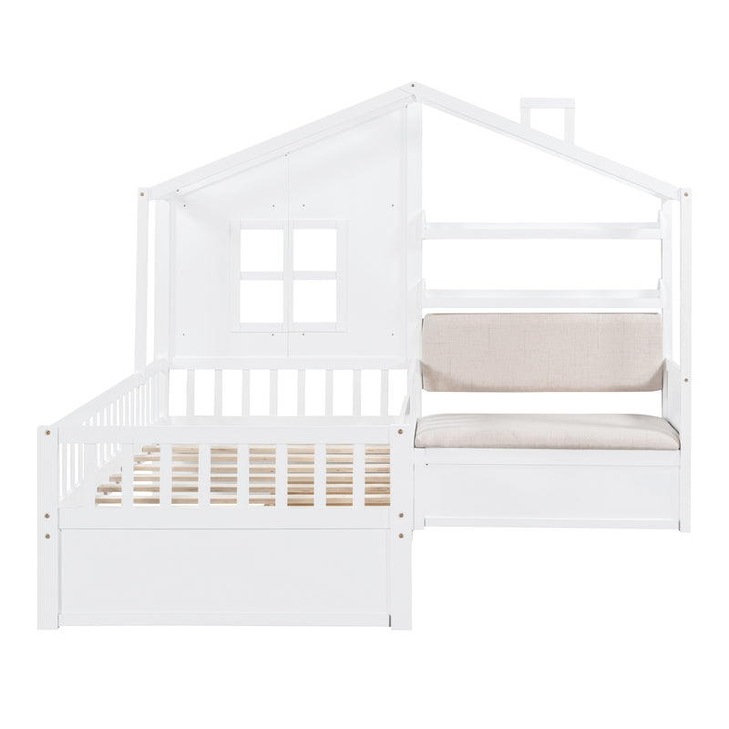 Twin Size House Bed with Sofa, Kids Platform Bed with Two Drawers and Storage Shelf, White