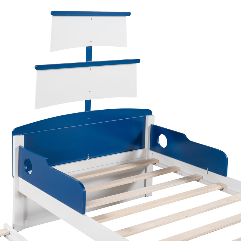 3-Pieces Bedroom Sets,Twin Size Boat-Shaped Platform Bed with  Trundle and Two Nightstands,White+Blue