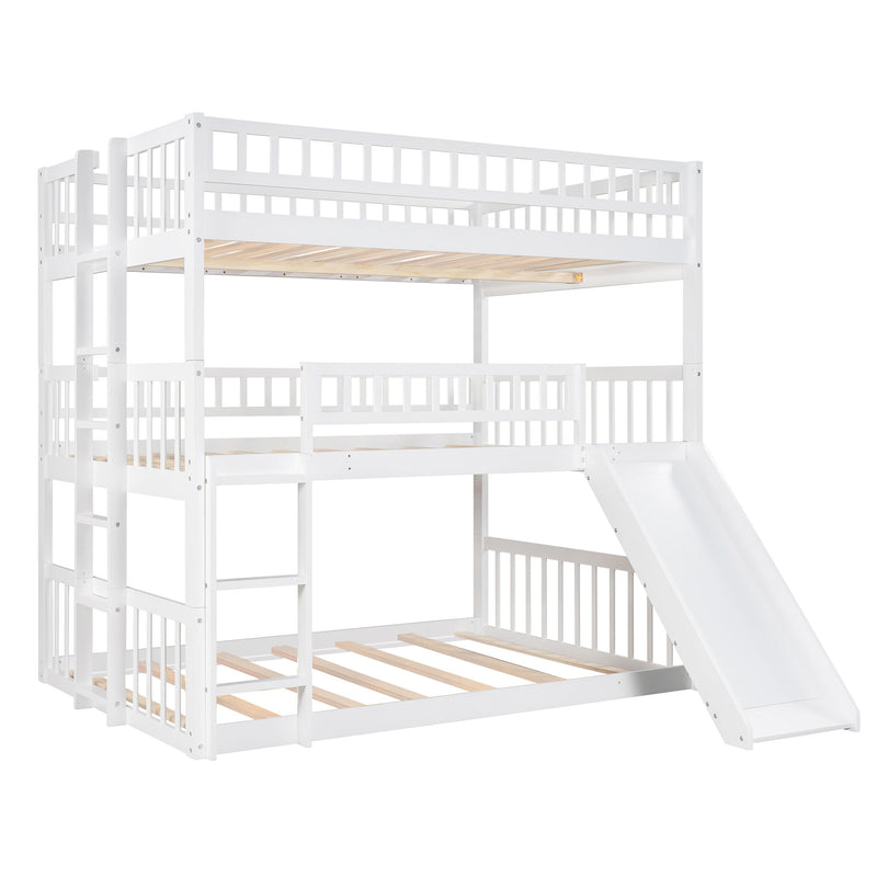 Full Over Full Over Full Triple Bed With Built-In Ladder And Slide, Triple Bunk Bed With Guardrails - White