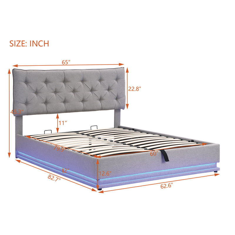 Upholstered Bed With Hydraulic Storage System And LED Light, Modern Platform Bed With Button-Tufted Design Headboard