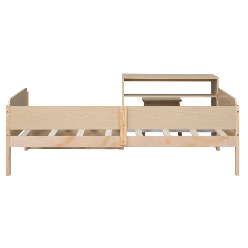 Wood Twin Size Platform Bed with 2 Drawers and 1 Chair&Desk Set, Natural+White