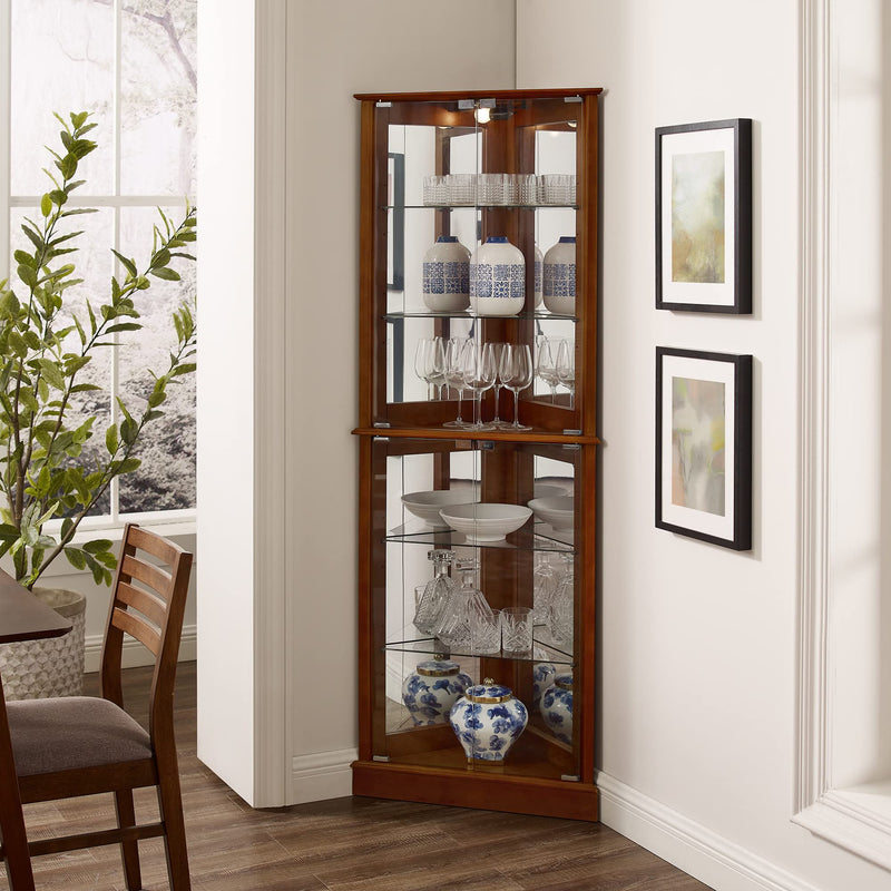 Corner Curio Dispaly Cabinet With Lights, Adjustable Tempered Glass Shelves, Mirrored Back (E26 Light Bulb Not Included)