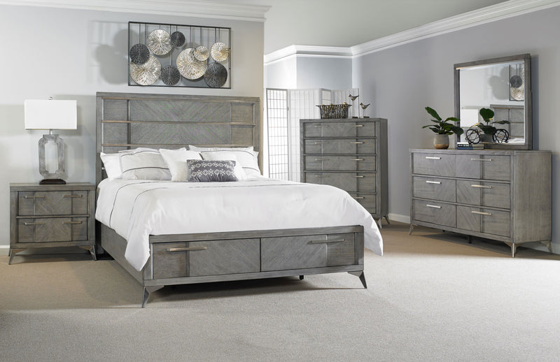 King Storage Bed With Bookmatched Veneer - Gray