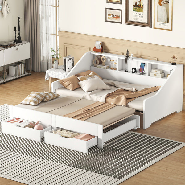 Twin to King Size Daybed Frame with Storage Bookcases and Two Drawers,Charging Design,White