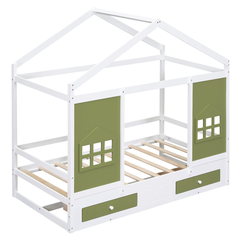 Twin Size Wood House Bed with 2 Drawers and Window Decoration, White+Olive Green