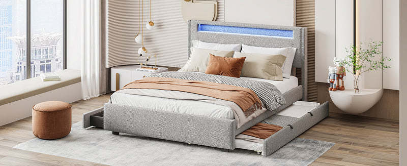 Queen Size Upholstered Platform Bed with LED Frame, with Twin  XL Size Trundle and 2 drawers, Teddy Fleece, Gray