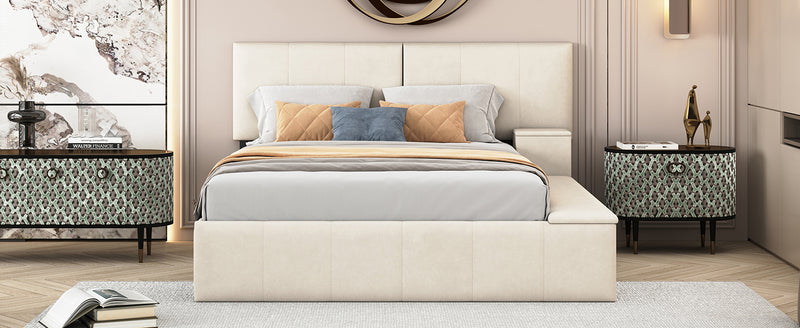 Queen Size Upholstered Platform Bed with Lateral Storage Compartments and Thick Fabric, Velvet, Beige