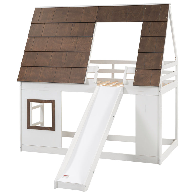 Wood Twin Size House Bunk Bed With Roof, Ladder And Slide - White / Brown