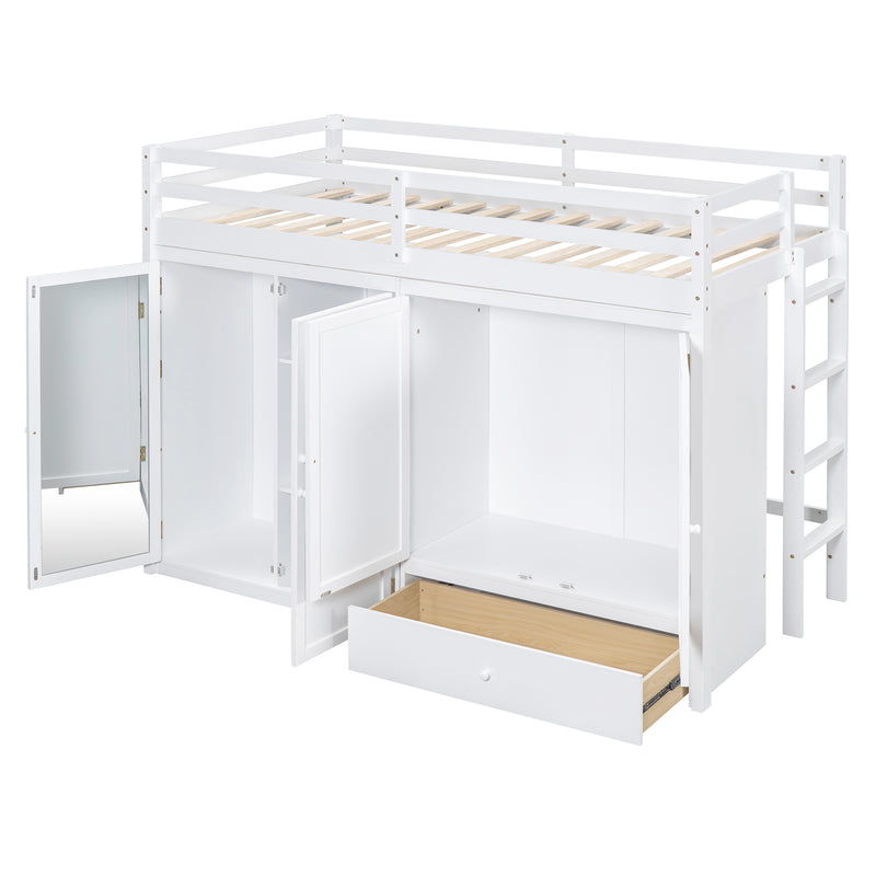 Twin size Loft Bed with Drawer, Two Wardrobes and Mirror, White