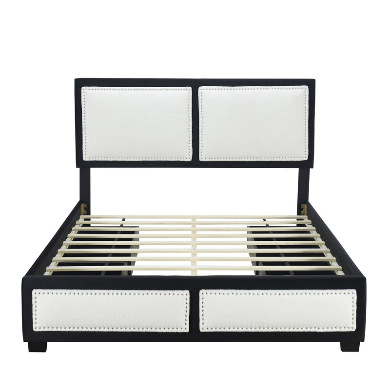 Queen Size Upholstered Platform Bed with Large Rivet-decorated Backrests and 4 Drawers, Velvet matched with Teddy Fleece, Black+White