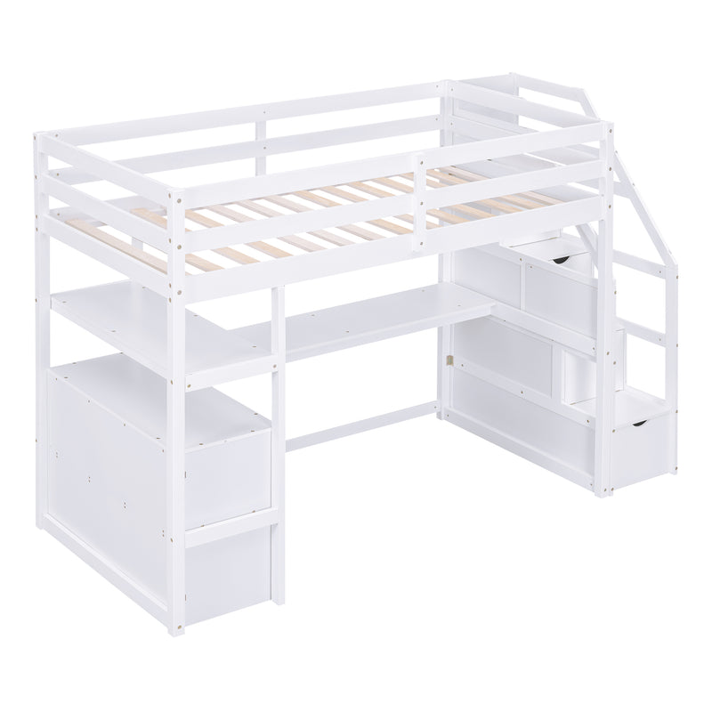 Twin Size Loft Bed with Desk and Shelves, Two Built-in Drawers, Storage Staircase, White