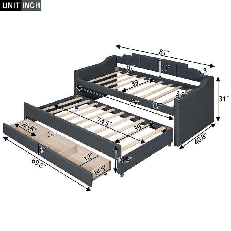 Twin Size Upholstered Daybed with Trundle and Three Drawers,Grey