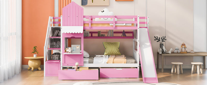 Twin-Over-Twin Castle Style Bunk Bed with 2 Drawers 3 Shelves and Slide - Pink