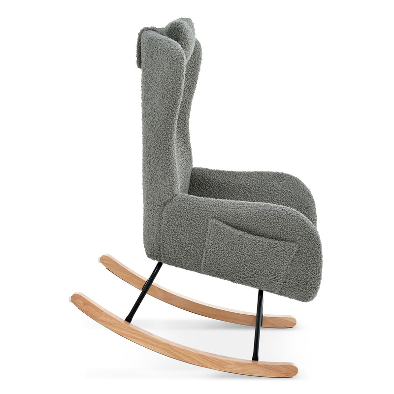 Rocking Chair Nursery, Teddy Upholstered Rocker Glider Chair With High Backrest, Adjustable Headrest & Pocket, Comfy Glider Chair For Nursery, Bedroom, Living Room, Offices, Rubber Wood