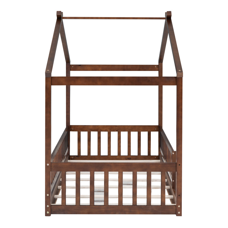 Twin Size Wood Bed House Bed Frame with Fence, for Kids, Teens, Girls, Boys, Walnut