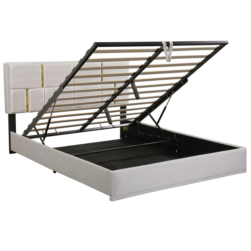 Queen Size Upholstered Platform Bed with Hydraulic Storage System,No Box Spring Needed,Beige