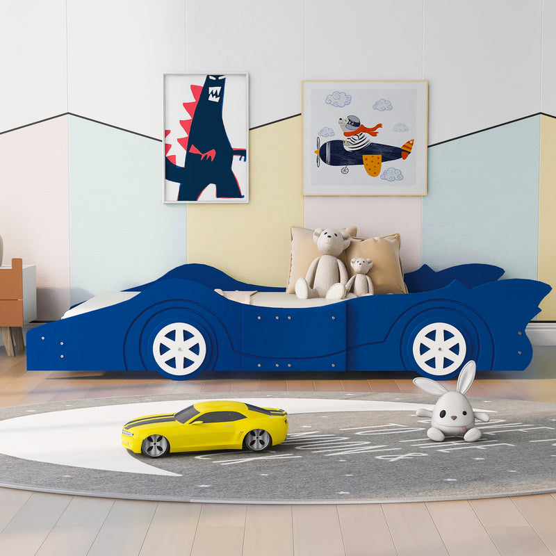 Twin Size Race Car-Shaped Platform Bed with Wheels,Blue