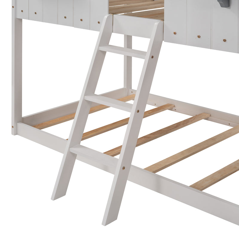 Twin Over Twin Bunk Bed Wood Bed with Roof, Window, Guardrail, Ladder (White)(OLD SKU :LP000045AAK)