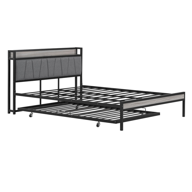 Queen Size Metal Platform Bed Frame with Twin size trundle, Upholstered headboard, Sockets, USB Ports and Slat Support, No Box Spring Needed, Black