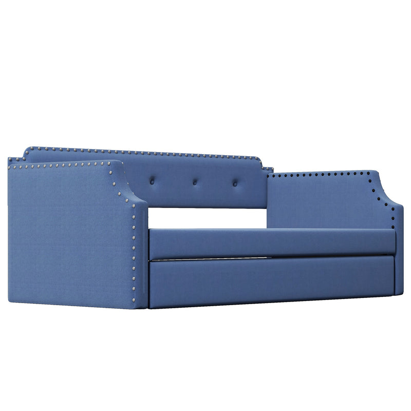 Upholstered Daybed with Trundle, Wood Slat Support,Upholstered Frame Sofa Bed , Twin,Blue