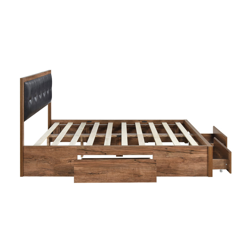 Queen Size Wood Platform Bed with Upholstered Headboard and 4 Drawers