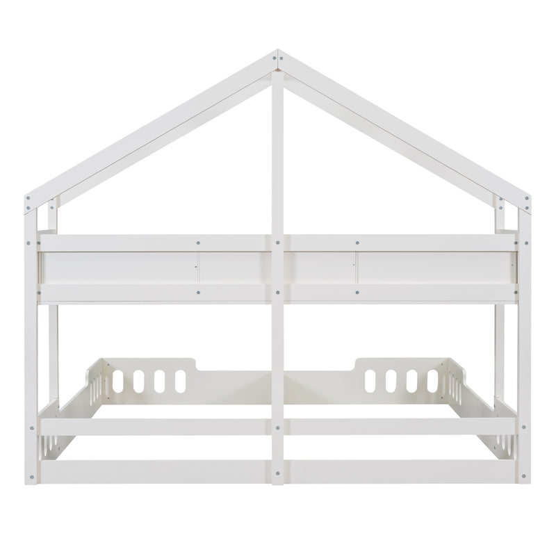 Wood Twin Size House Platform Beds,Two Shared Beds with Shelves and Guardrail, Creamy White