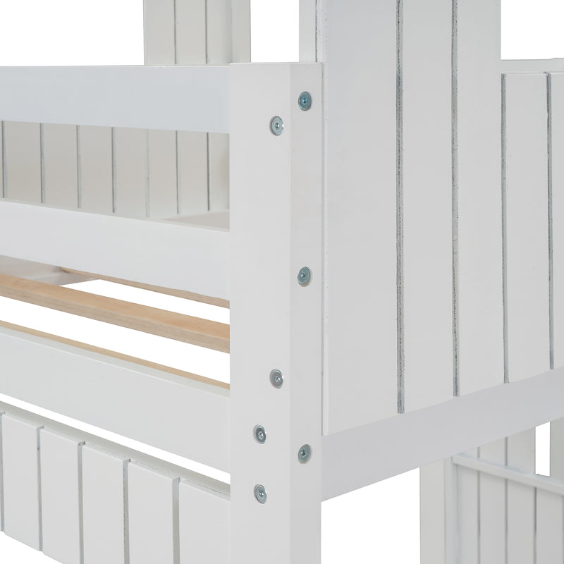 Wooden Twin Over Full Bunk Bed, Loft Bed with Playhouse, Farmhouse, Ladder and Guardrails, White( old sku: LT000027AAK )