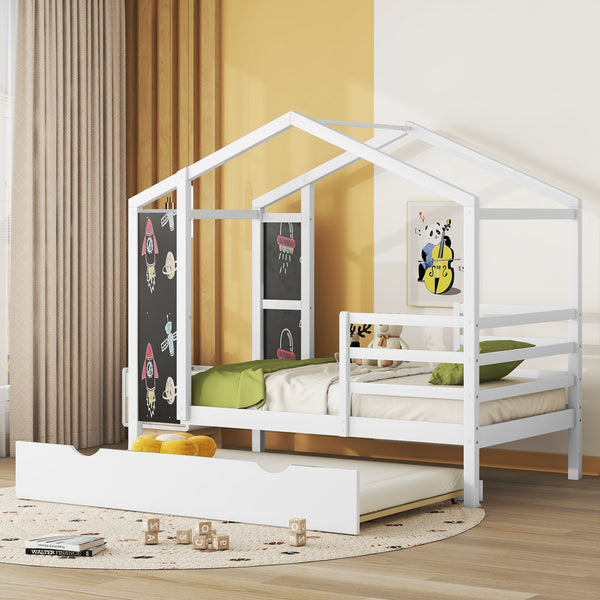 Twin Size Wood House Bed with Fence and Writing Board, White