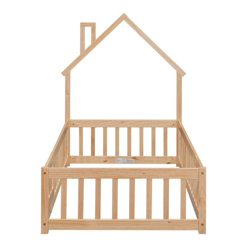 Twin House-Shaped Headboard Floor Bed with Fence
,Natural