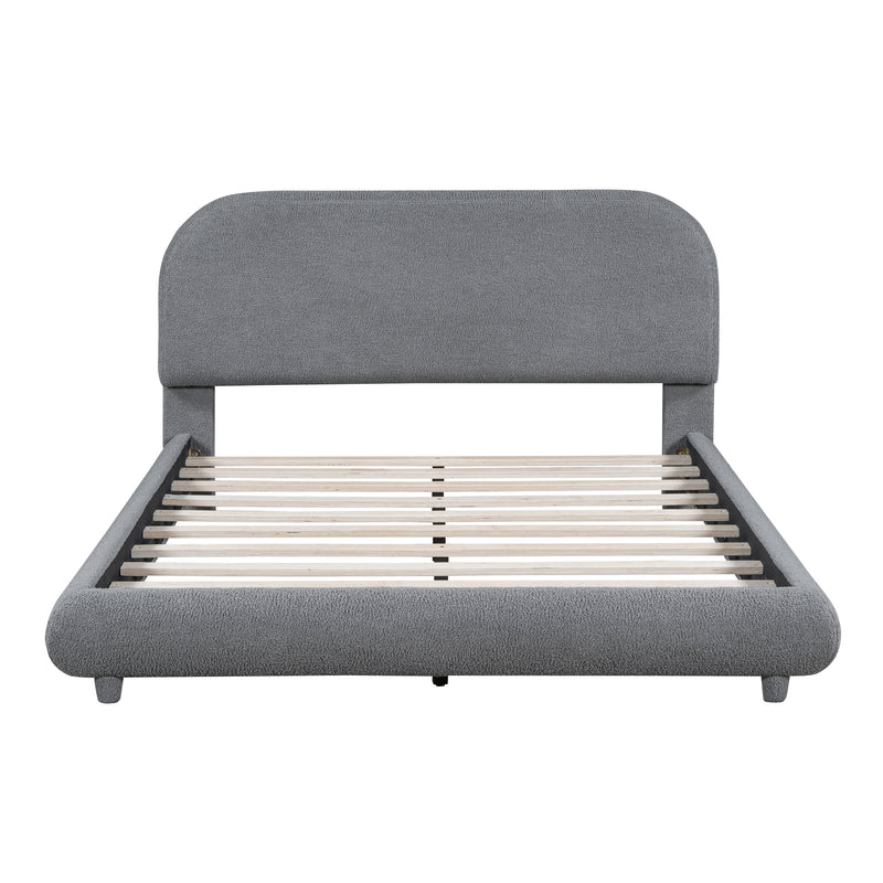 Teddy Fleece Full Size Upholstered Platform Bed with Thick Fabric, Solid Frame and Stylish Curve-shaped Design, Gray