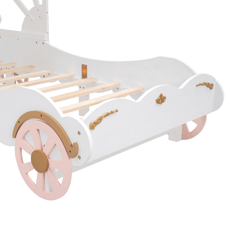 Twin Size Princess Carriage Bed with Canopy, Wood Platform Car Bed with 3D Carving Pattern, White+Pink+Gold