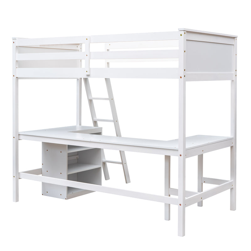 Twin size Loft Bed with Shelves and Desk, Wooden Loft Bed with Desk - White(OLD SKU:LT000537AAK)