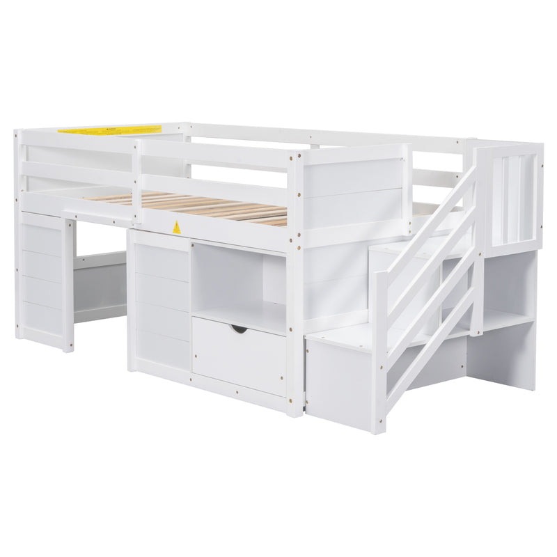 TWIN BED, SOLID WOOD TWIN SIZE LOW LOFT BED WITH STAIR, DRAWER, AND SHELF OF WHITE COLOR