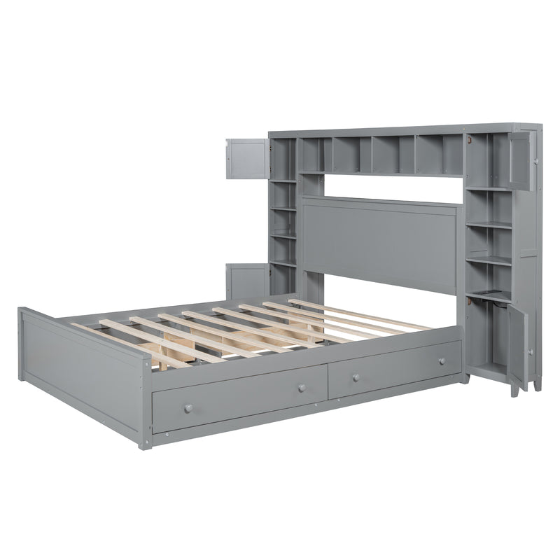 Queen Size Wooden Bed With All-in-One Cabinet, Shelf and Sockets, Gray