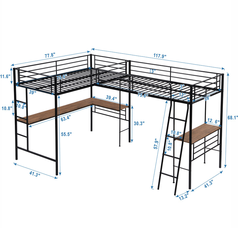 Twin Size Metal Loft Bed with Two Built-in Desks,Black