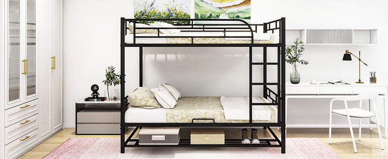 Metal Bunk Bed With Shelf And Guardrails