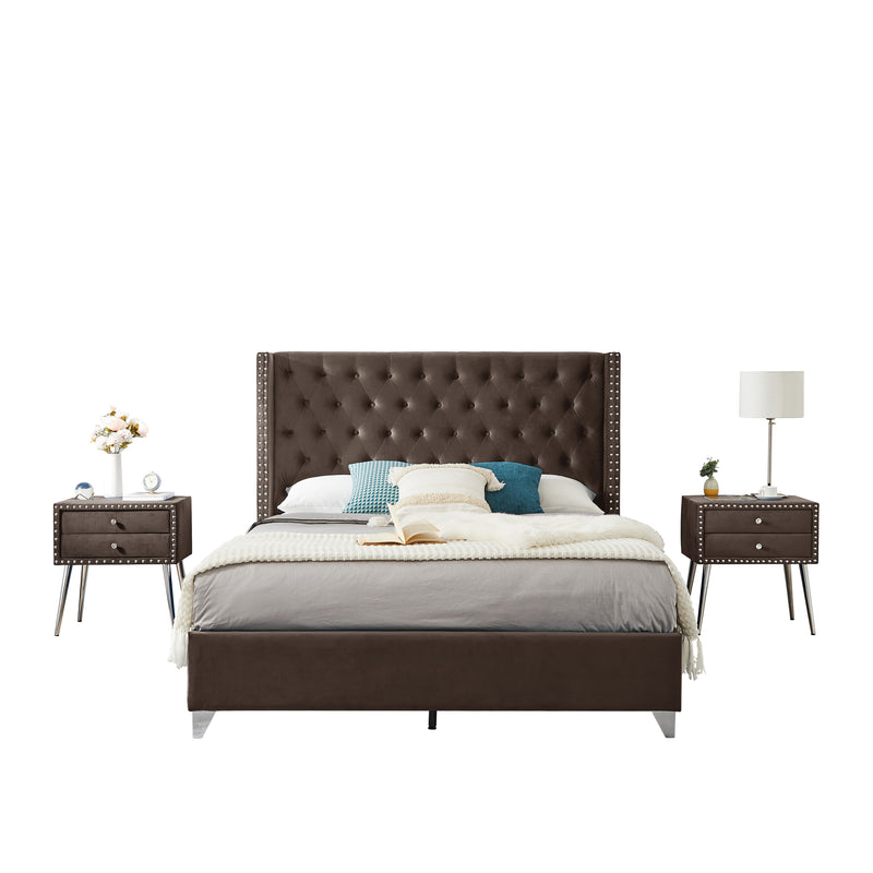 B100S Queen bed with two nightstands, Button designed Headboard,strong wooden slats + metal legs with Electroplate