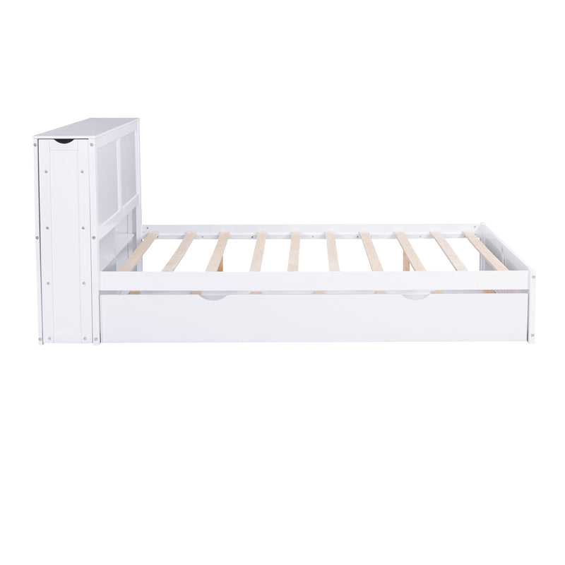 Queen Size Storage Platform Bed with Pull Out Shelves and Twin  XL Size Trundle, White