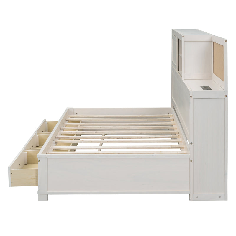 Twin Size Wooden Daybed with 3 Storage Drawers, Upper Soft Board, shelf, and a set of Sockets and USB Ports, White