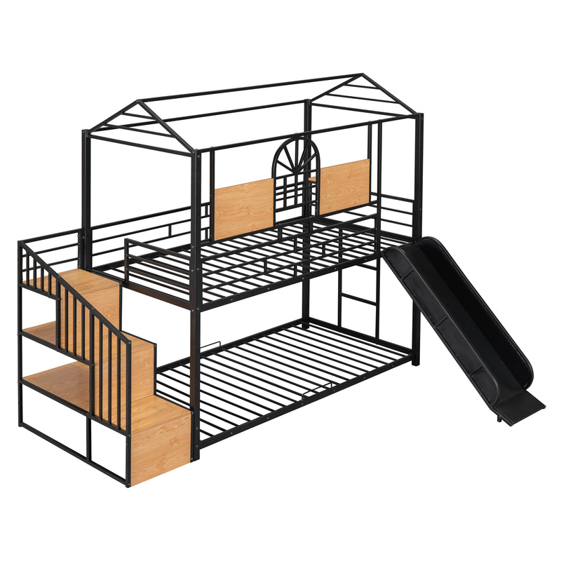 Twin Over Twin Metal Bunk Bed, Metal Housebed with Slide and Storage Stair, Black with Black Slide