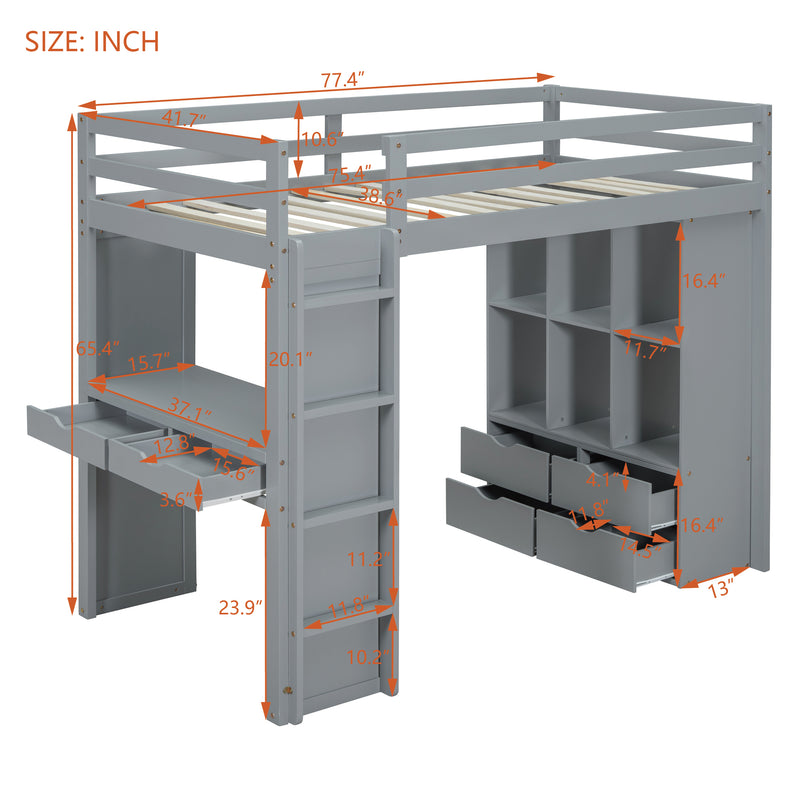 Twin Size Loft Bed with large shelves, writing desk and LED Light, Gray