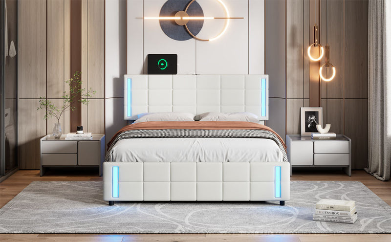 Queen Size Upholstered Platform Bed with LED Lights and USB Charging, Storage Bed with 4 Drawers, White